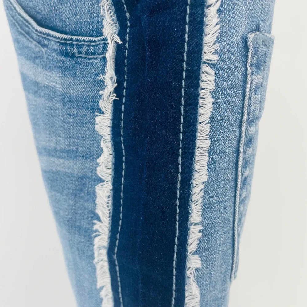 LITZ Denim Two Tone Distressed Midi Skirt Blue Frayed Side Stripe size S‎ Y2K